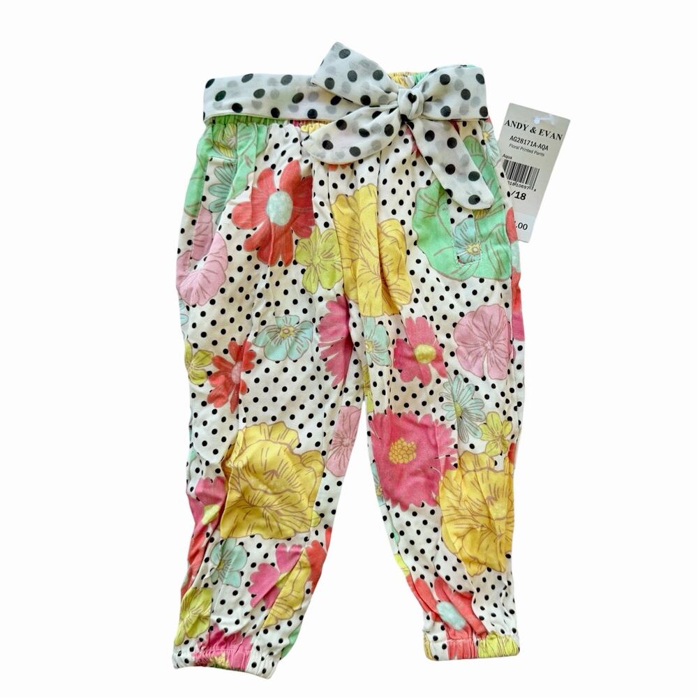 Andy & Evan Toddler Girl Floral Polka Dot Joggers Size 12-18M BNWT Bows Stretchy